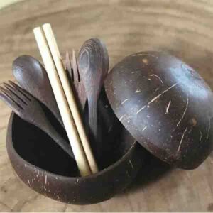 coconut bowl wooden spoon fork bamboo straw nature bowls